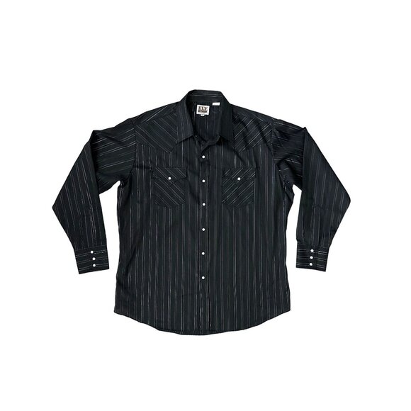 ELY CATTLEMAN LONG SLEEVE STRIPE WESTERN SNAP SHIRT Black Gold Blue Shimmer XL - Picture 2 of 7